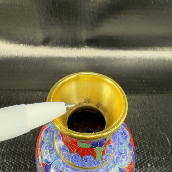 Vintage Chinese Cloisonne Vase Vessel Bud Vase Blue Red Bird Flowers Metal VTG - Picture 7 of 12